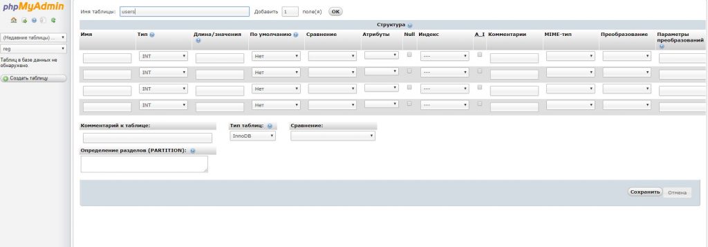 создание таблицы базы данных mySql